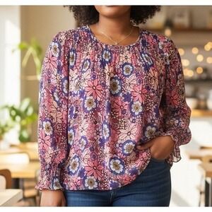 Floral Smocked Sleeve Plus 2X Pink Purple Flowy Boxy Tunic Cottagecore Peasant